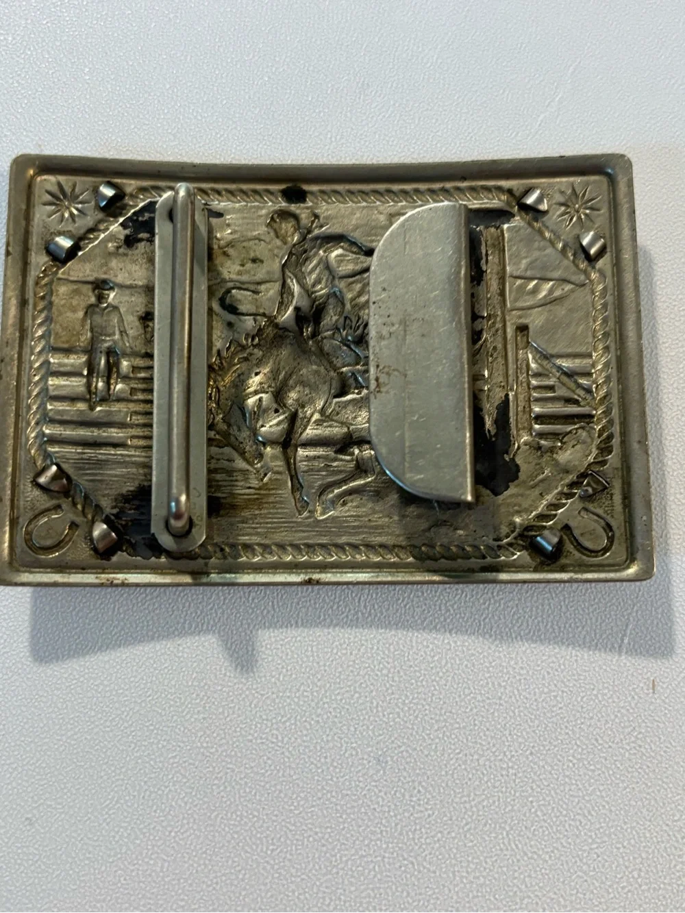 Vintage Western Motif Belt Buckle with Multicolor Stones 1940s? Cowboy